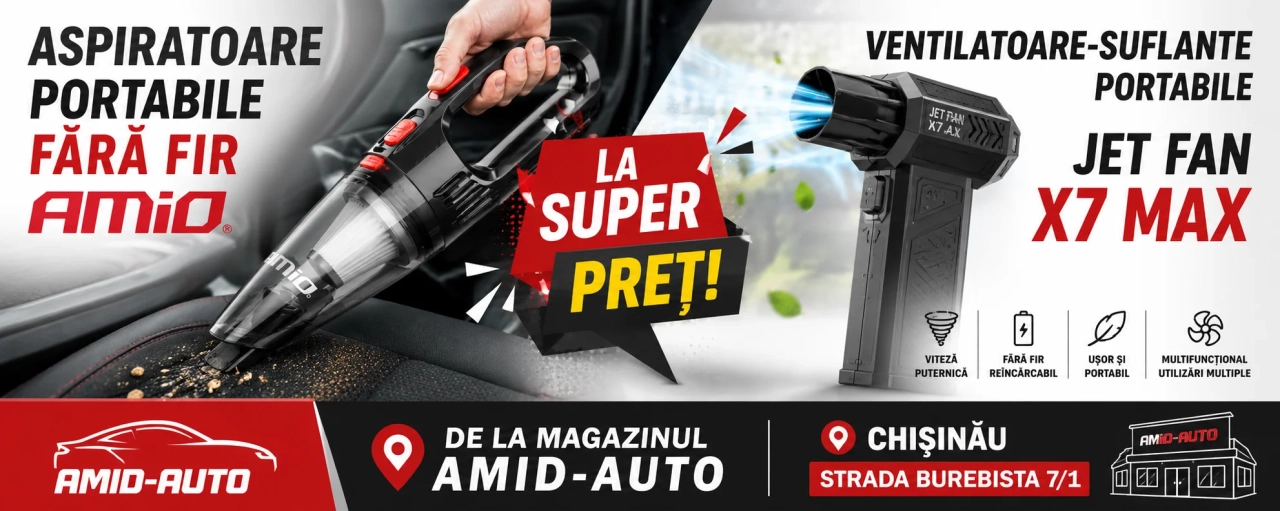Aspiratoare portabile fara fir AMIO, Ventilatoare-suflante portabile JET FAN X7 MAX; la super pret; de la magazinul Amid-Auto din Chisinau, strada Burebista 7/1