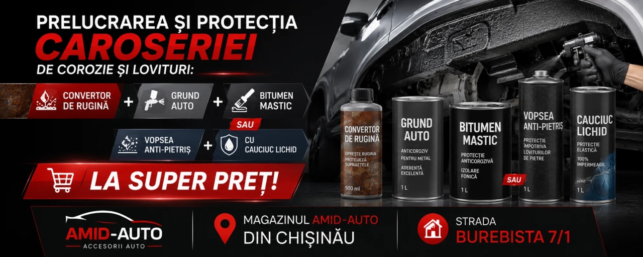Prelucrarea si protectia caroseriei de corozie si lovituri: convertor de rugina+grund auto+bitumen mastic sau vopsea anti-pietris cu cauciuc lichid