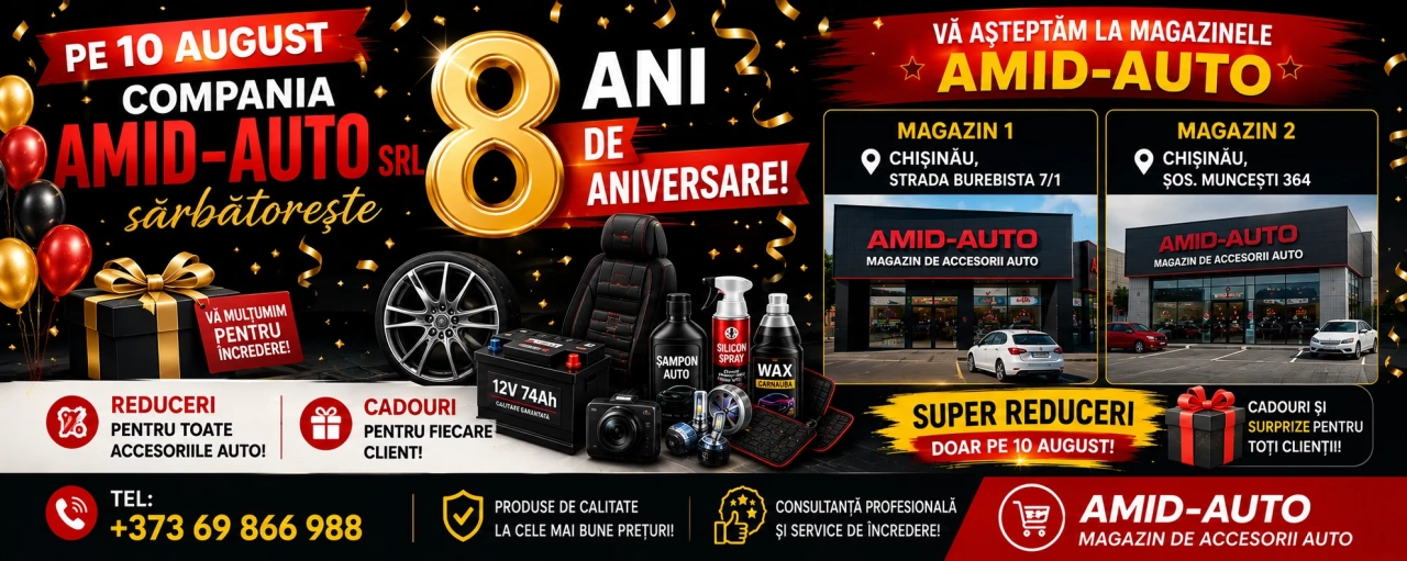 Compania Amid-Auto, aniversare 8 ani de activitate pe 10 august, la magazinul din Chisinau pe strada Burebista 7/1, reduceri si cadouri pentru toate accesoriile auto