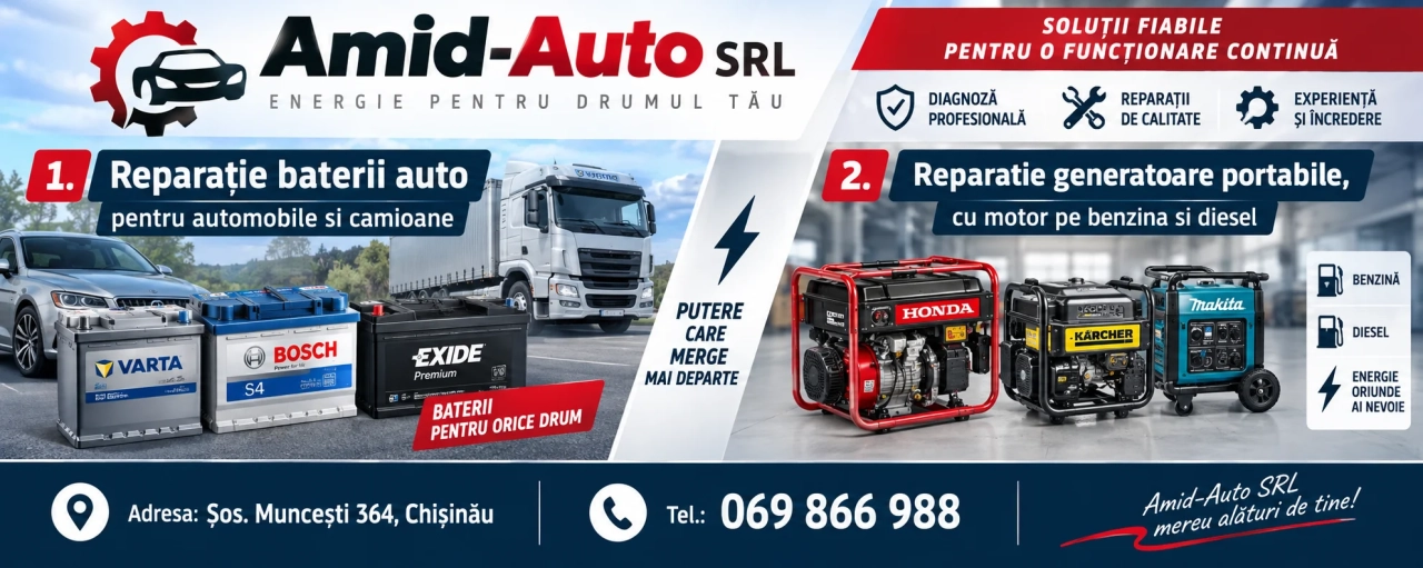 Reparație baterii auto pentru automobile si camioane; Reparatie generatoare portabile, cu motor pe benzina si diesel;  servicii oferite de Service-Auto Amid-Auto; Adresă: Șos. Muncești 364, Chișinău; Tel.: 069 866 988