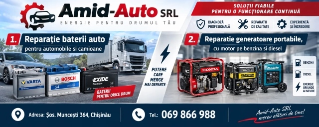 Reparație baterii auto pentru automobile si camioane; Reparatie generatoare portabile, cu motor pe benzina si diesel;  servicii oferite de Service-Auto Amid-Auto; Adresă: Șos. Muncești 364, Chișinău; Tel.: 069 866 988