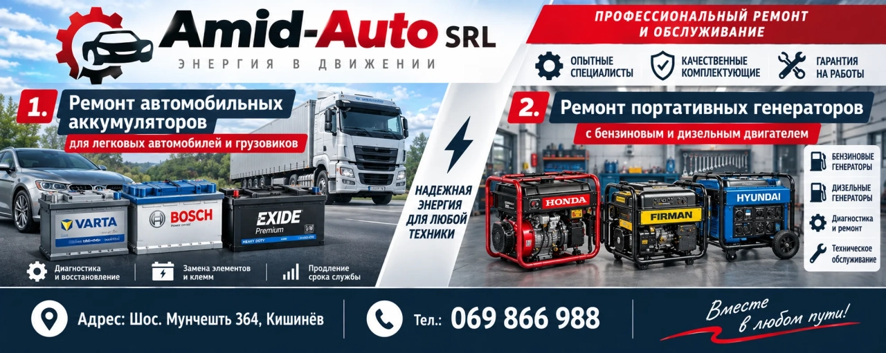Ремонт автомобильных аккумуляторов для легковых и грузовых автомобилей; ремонт портативных генераторов с бензиновыми и дизельными двигателями; услуги, предлагаемые компанией Amid-Auto; Адрес: ул. Мунчешты, 364, Кишинев; Тел.: 069 866 988