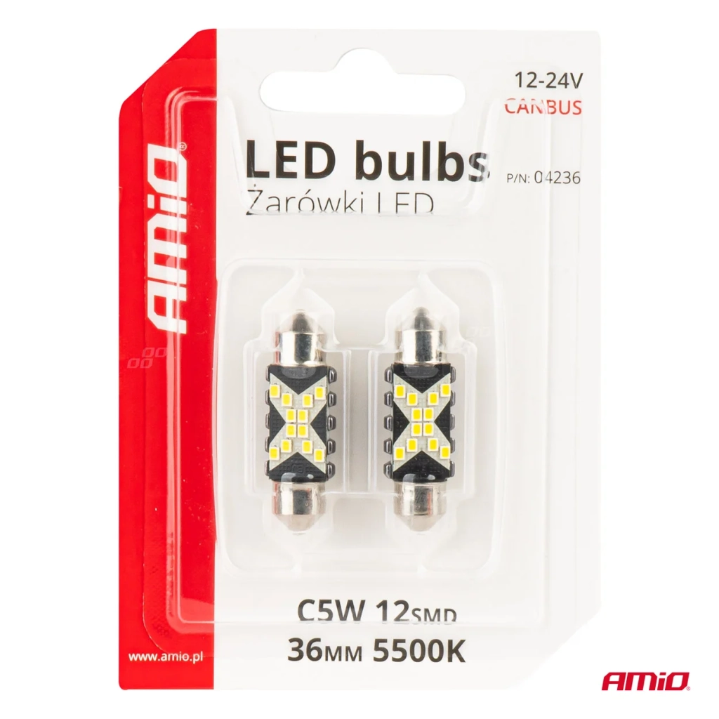 04236 Светодиодные лампы  LED Canbus Festoon C5W 12SMD 2016 36mm White 12V/24V