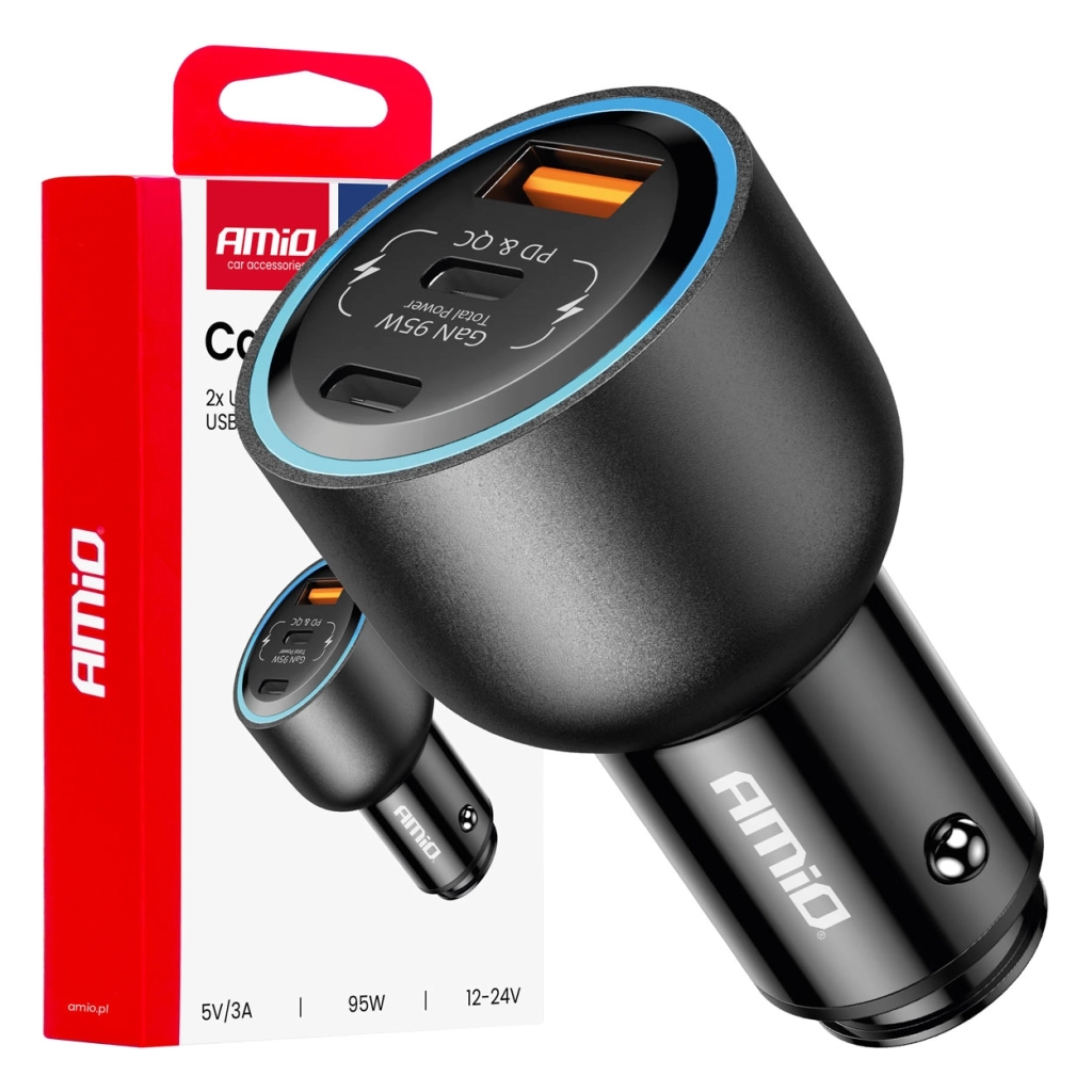 04372 Incarcator auto cu port dublu USB C + port USB A 12/24V 95W