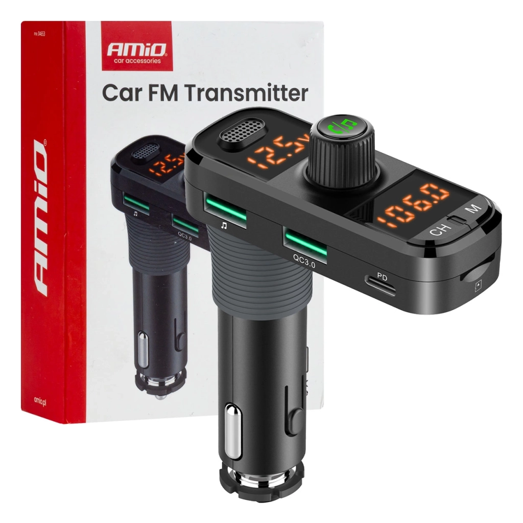 04653 Transmitator FM auto 2×USB-A 1×USB-C microSD 12V 24V