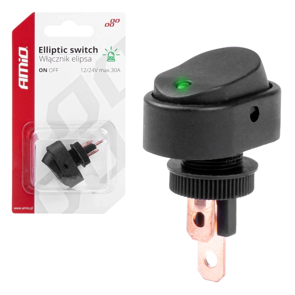03087 Эллиптический переключатель с зеленой подсветкой 12/24V max 30A ON/OFF BU10